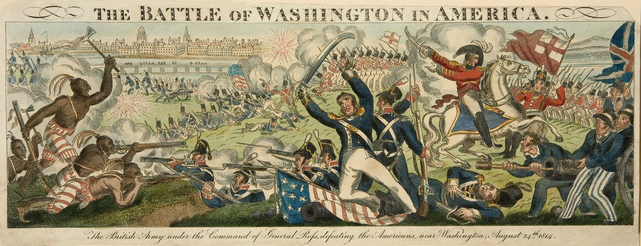 Slaget ved Washington i Amerika, 24. august 1814, pub. C.1816 (håndfarget gravering) av English School