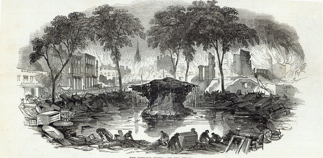 The Bowling-green og Broadway, New York, fra The Illustrated London News, 23. august 1845 av English School