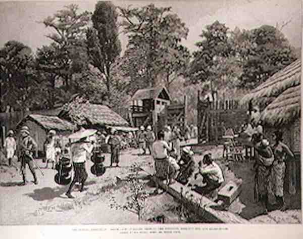 The Burmah Expedition: South Gate of Bhamo Viser Stockade, Look-Out Hut og Guard-House, fra The Illustrated London News, 3. juni 1886 av English School