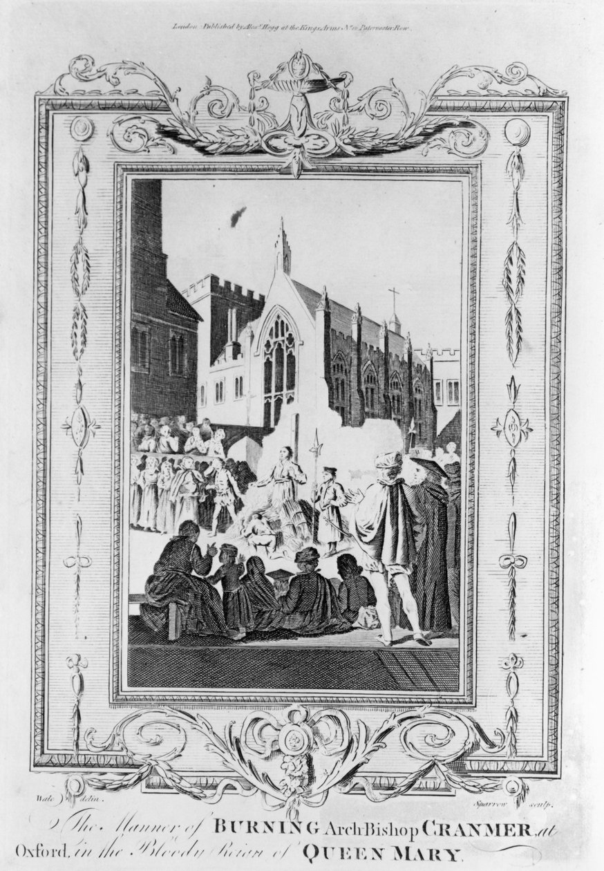 Brenningen av erkebiskop Thomas Cranmer (1489–1556) i Oxford i Queen Marys blodige regjeringstid (1516–58), gravert av Thomas Sparrow (1765–84) av English School