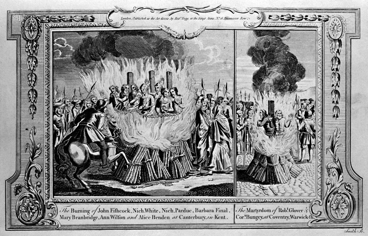 Brenningen av John Fishcock og martyrdøden til Robert Glover, fra "The New and Complete Book of Martyrs", av Paul Wright av English School
