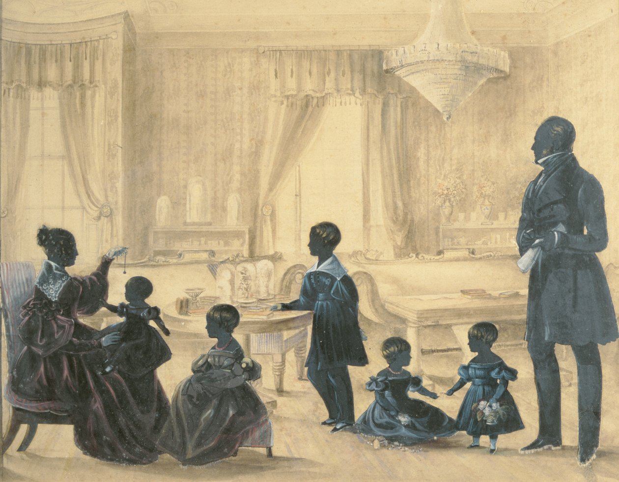 Familien Burrell i huset deres i Durham, ca. 1820 (wc med påførte silhuetter) av English School