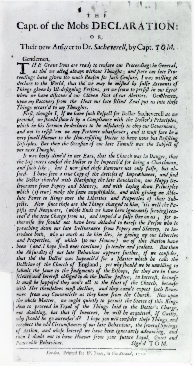 Captain of the Mobs-erklæringen eller, deres nye svar til Dr. Sacheverell, av Captain Tom, 1710 (trykk) av English School