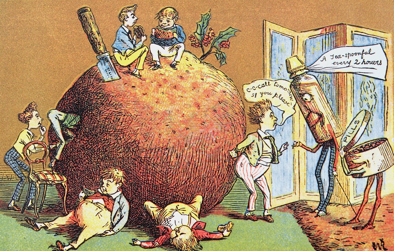 The Christmas Pudding, et viktoriansk julekort (fargegravering) av English School