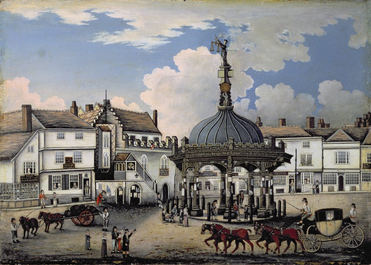The Cornhill, Ipswich, ca. 1800 (bord) av English School