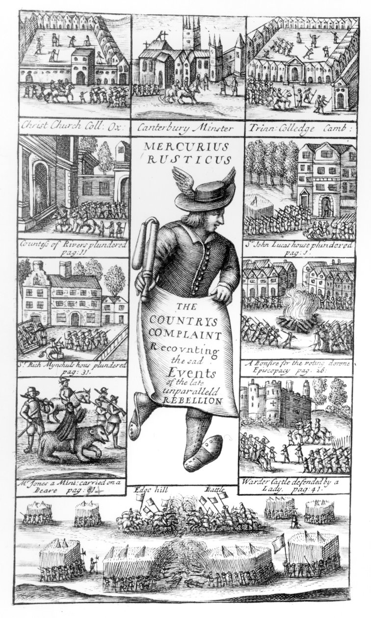 Landets klage som forteller om de triste hendelsene fra det sene enestående opprøret, fra 'Mercurius Rusticus', utgitt i 1685 av English School