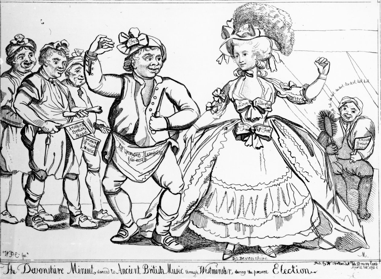 Devonshire Menuet, danset til gammel britisk musikk gjennom Westminster under valget, trykk laget av William Paulet Carey, 1784 av English School