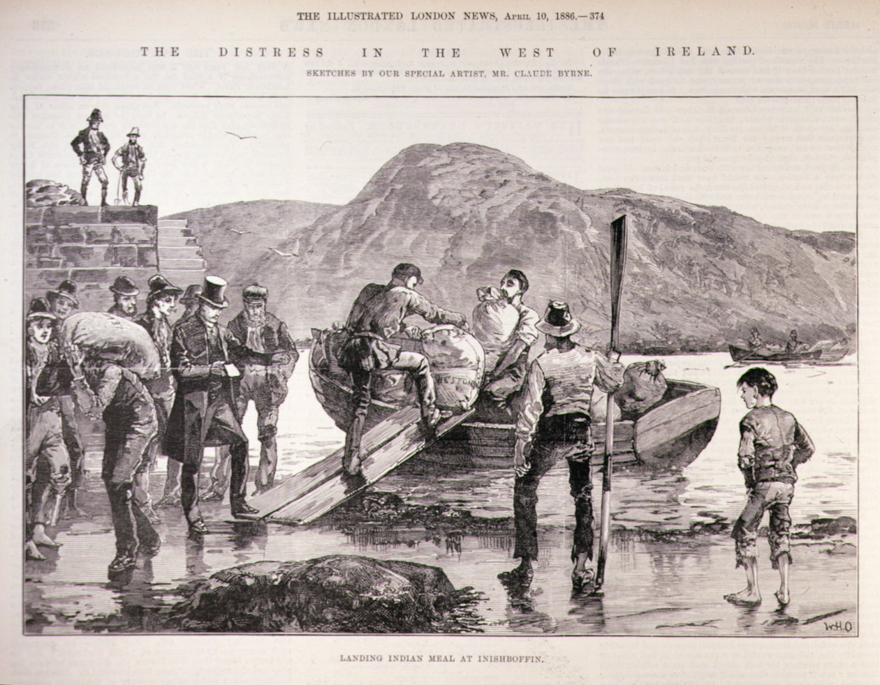 The Distress in the West of Ireland: Landing Indian Meal at Inishbofin, fra The Illustrated London News, 4. oktober 1886 av English School