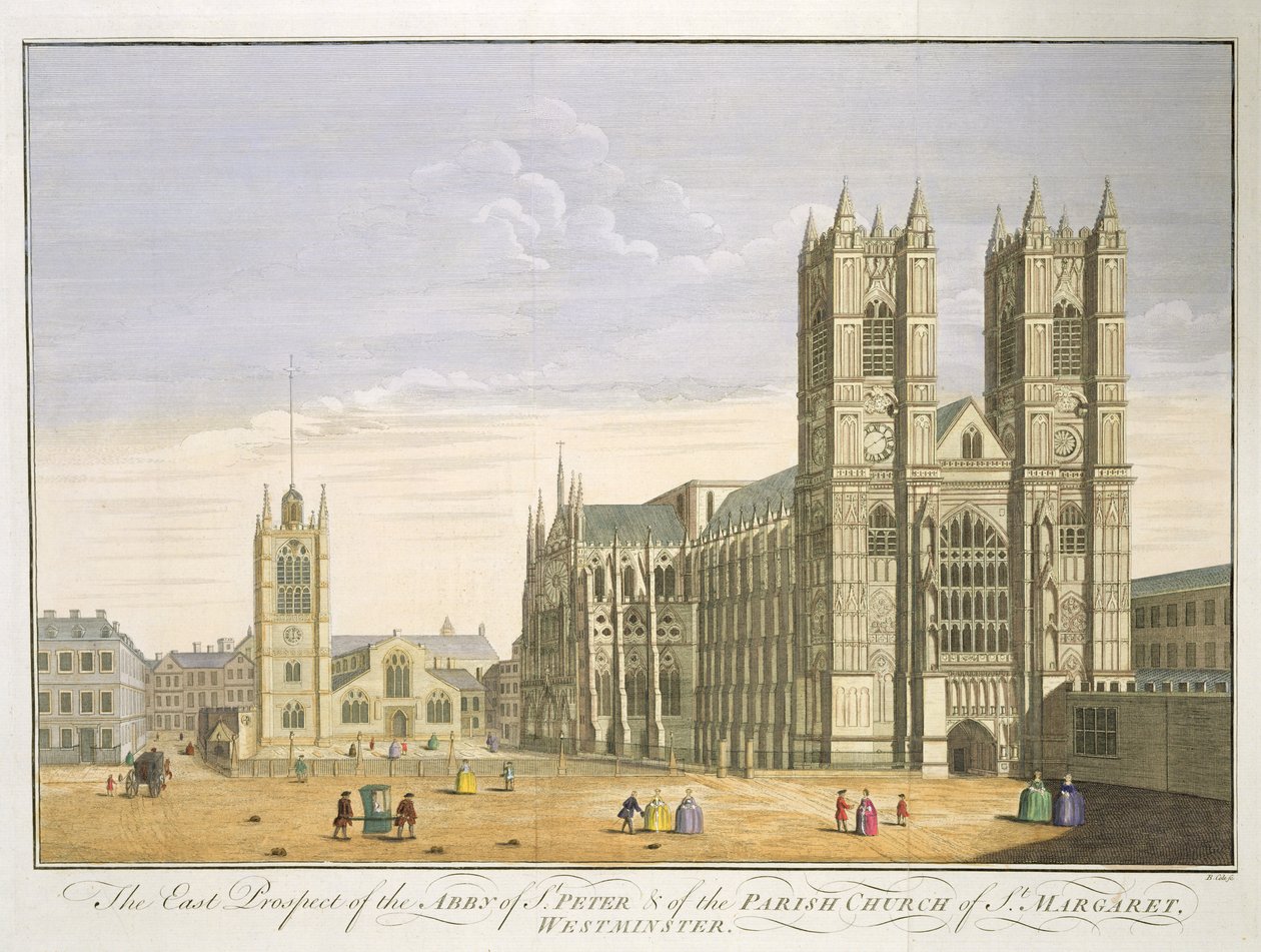 The East Prospect of the Abbey of St. Peter and the Parish Church of St. Margaret, Westminster, gravert av B. Cole (fl.1748-75) av English School
