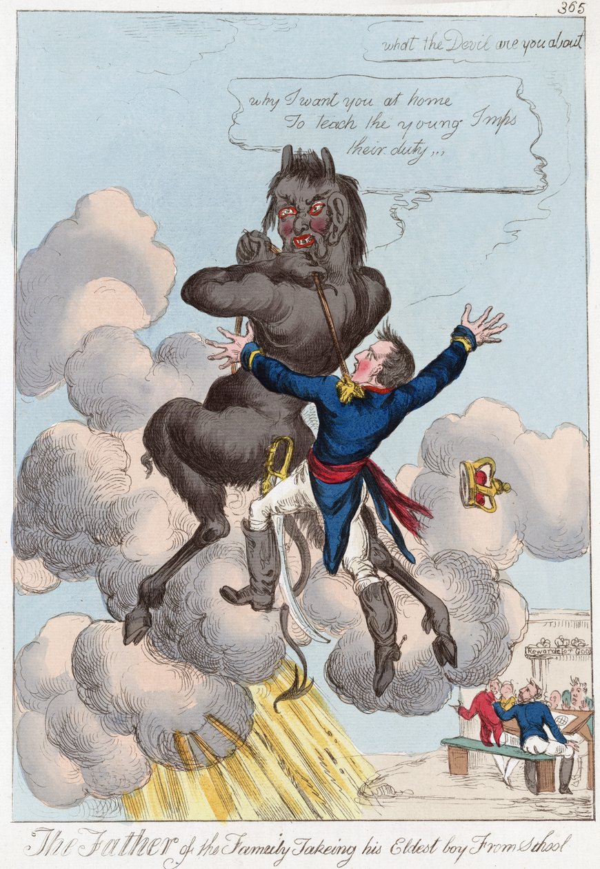 Familiefaren tar sin eldste gutt fra skolen, pub. 1814 (håndfarget gravering) av English School