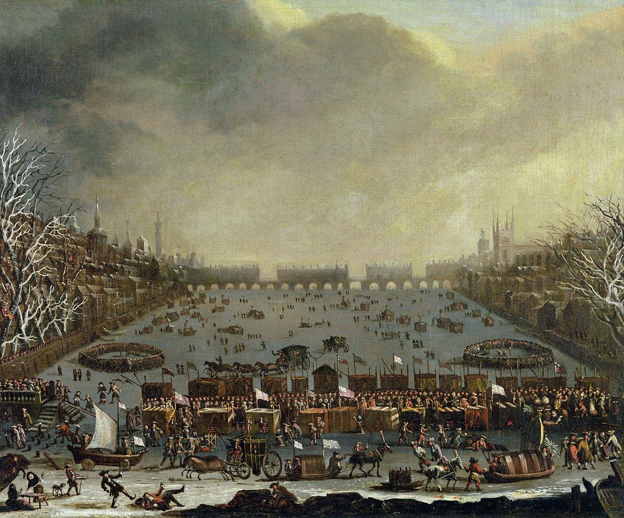 Frostmessen vinteren 1683-4 på Themsen, med Old London Bridge i det fjerne. ca. 1685 av English School
