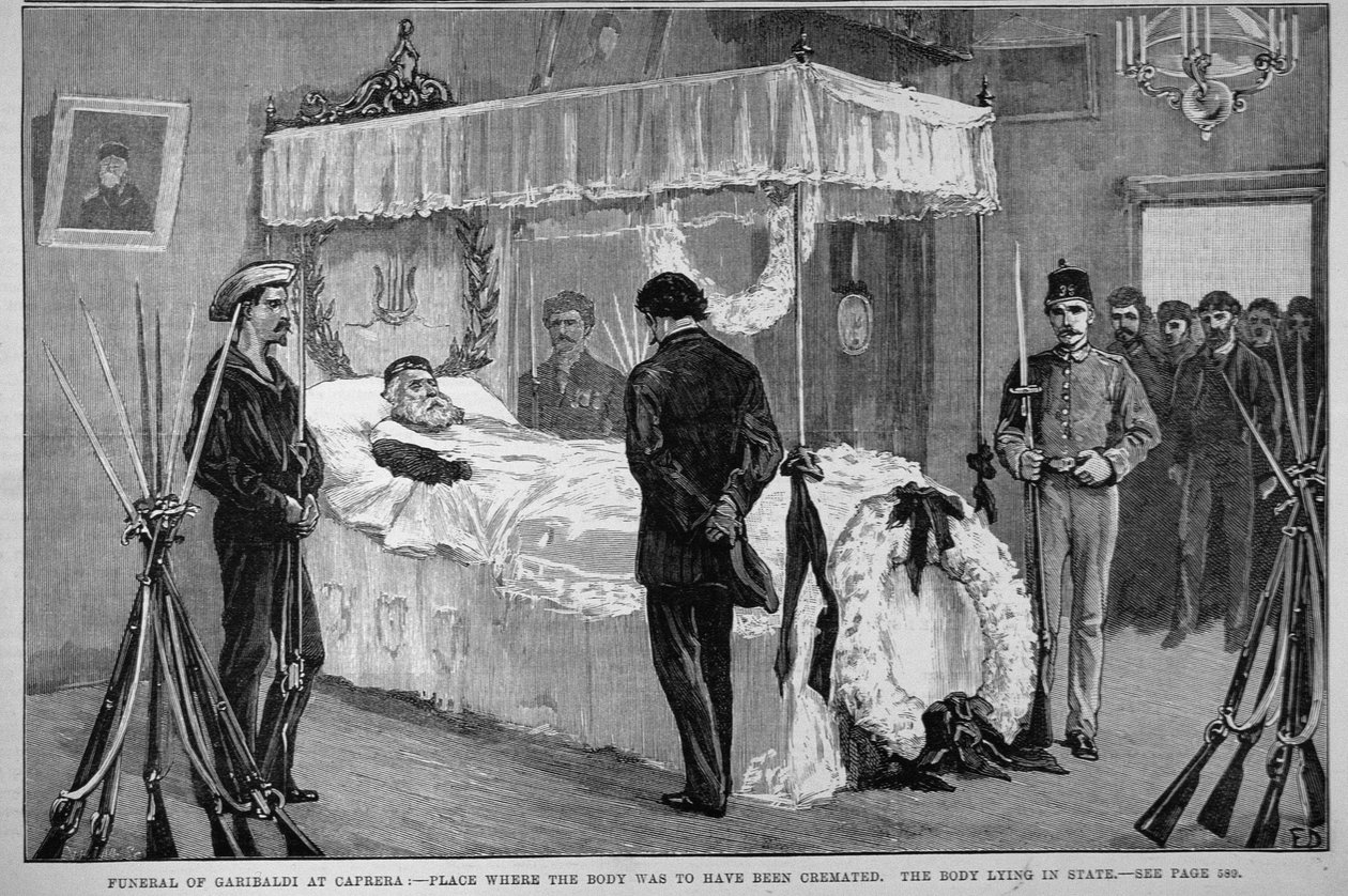 The Funeral of Garibaldi at Caprera: The Body Lying in State, fra 'The Illustrated London News', 17. juni 1882 av English School