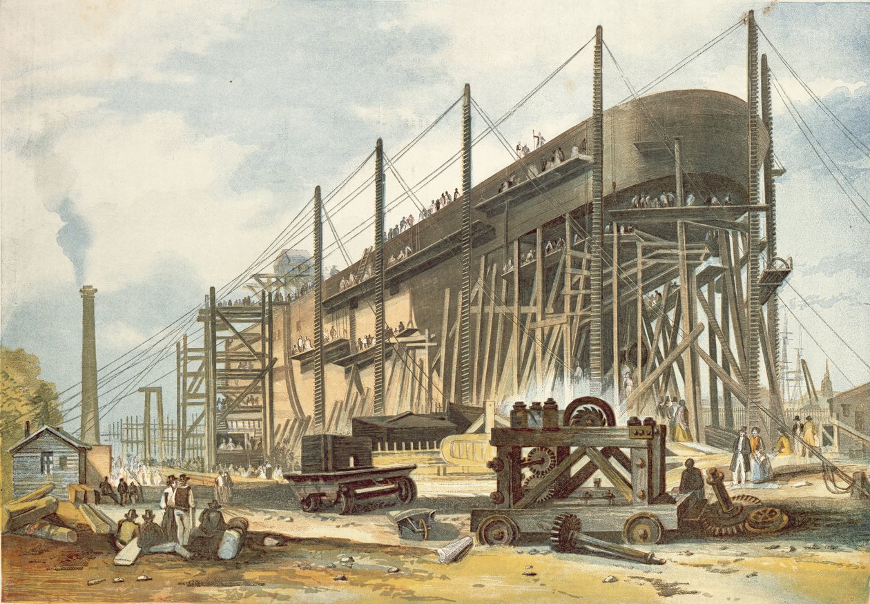 The Great Eastern on the Stocks (fargegravering) av English School