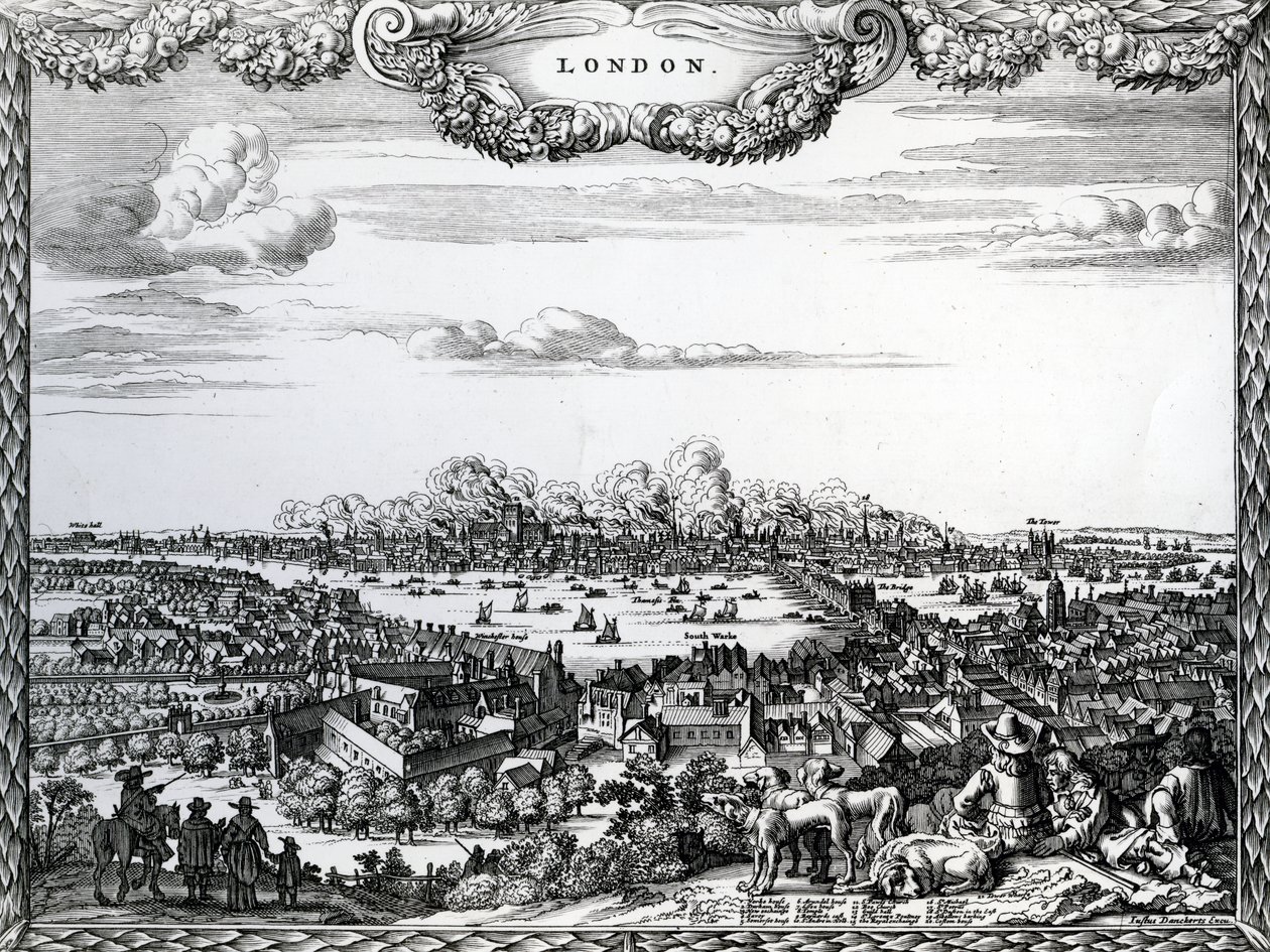 The Great Fire of London, gravert av Justus Danckerts, ca. 1670-90-tallet av English School