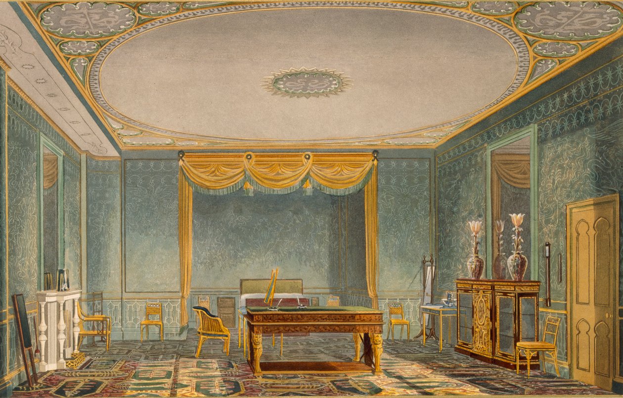 The Kings Bedroom, fra utsikt over Royal Pavilion, Brighton av John Nash (1752-1835) 1826 (akvatint) av English School