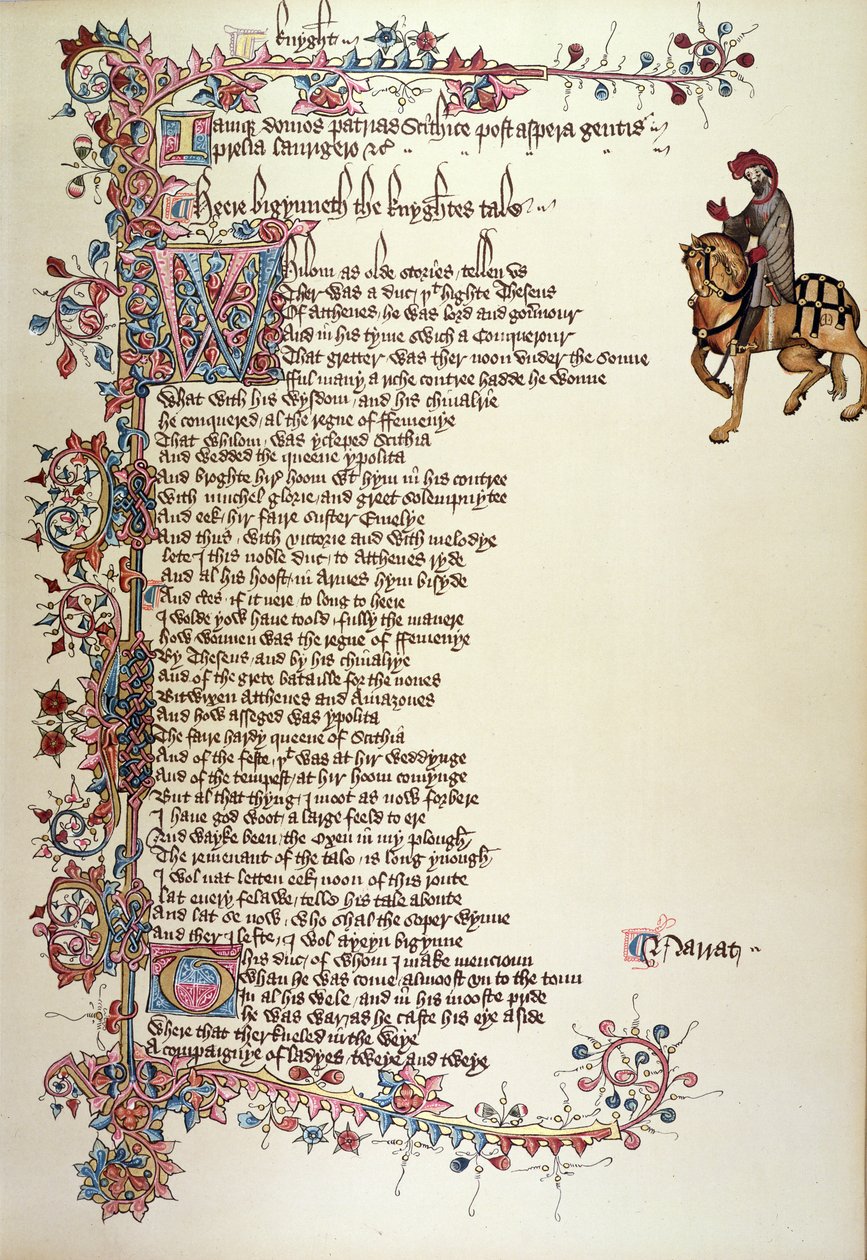 The Knight, detalj fra The Canterbury Tales, av Geoffrey Chaucer (ca. 1342-1400) Ellesmere Manuscript, faksimileutgave, 1911 (for originale detaljer se 128937) av English School