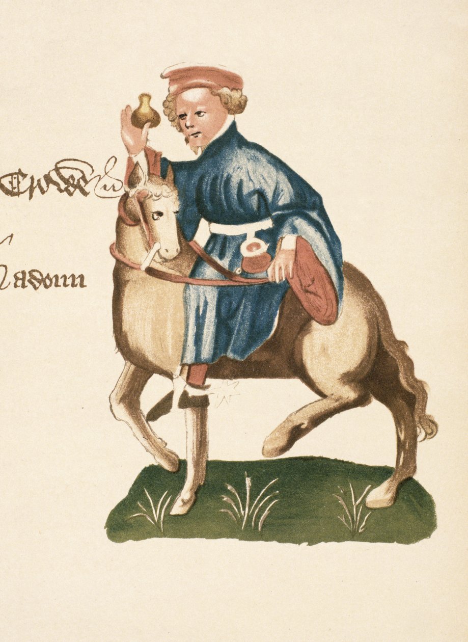 The Manciple, detalj fra The Canterbury Tales, av Geoffrey Chaucer (ca. 1342-1400) Ellesmere Manuscript, faksimileutgave, 1911 (for originale detaljer se 128924) av English School