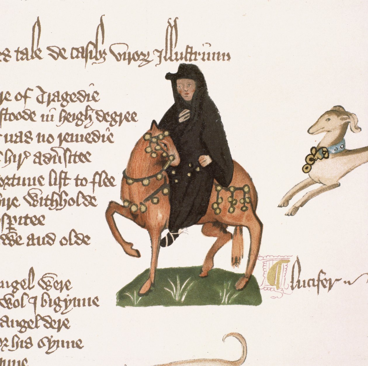The Monk, detalj fra The Canterbury Tales, av Geoffrey Chaucer (ca. 1342-1400) Ellesmere Manuscript, faksimileutgave, 1911 (for original se 128925) av English School