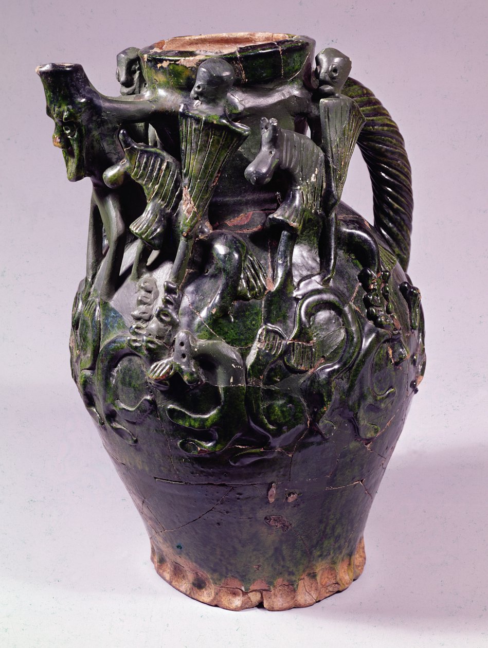 Moot Hall Jug, blyglasert, muligens fra Nottingham eller Lincoln, ca. 1270 (keramikk) av English School