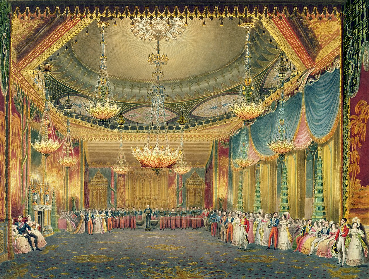 The Music Room, fra Views of the Royal Pavilion, Brighton av John Nash (1752-1835) 1826 (akvatint) av English School