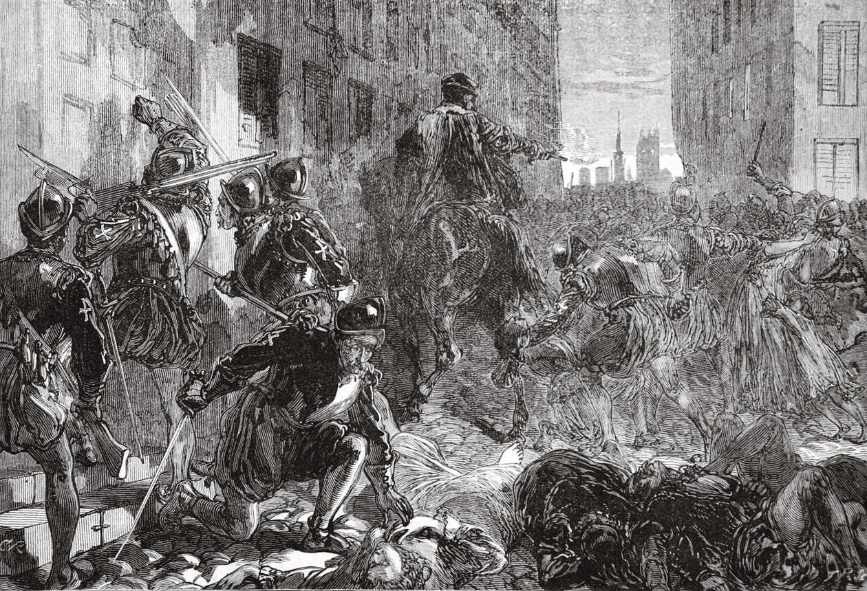 The Night of the Massacre of St. Bartholomew, illustrasjon fra The History of Protestantism av James Aitken Wylie (1808-1890), pub. 1878 av English School
