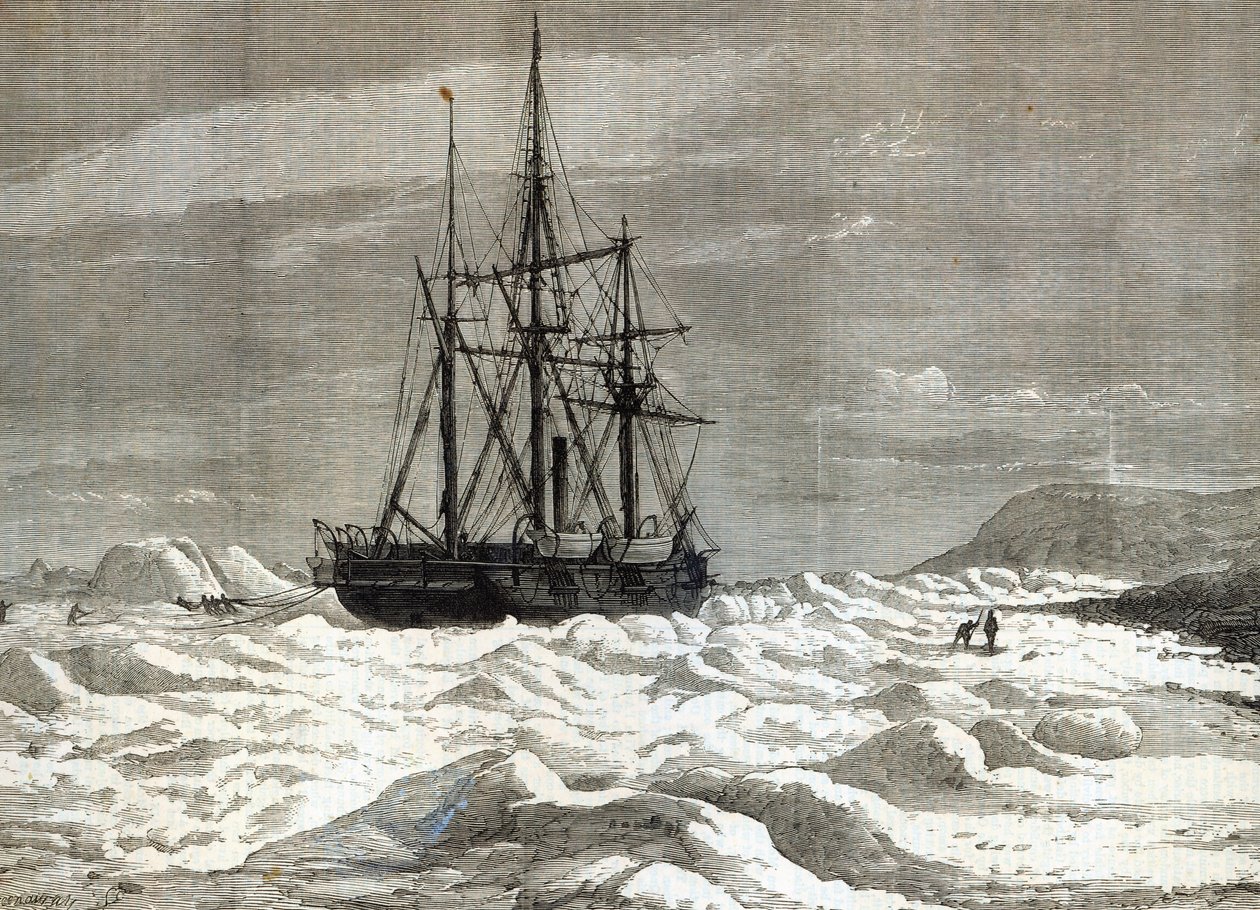 The North Pole Expedition: The Alert nappet av isen mot kysten utenfor Cape Beechy, fra 'The Illustrated London News', 1876 av English School