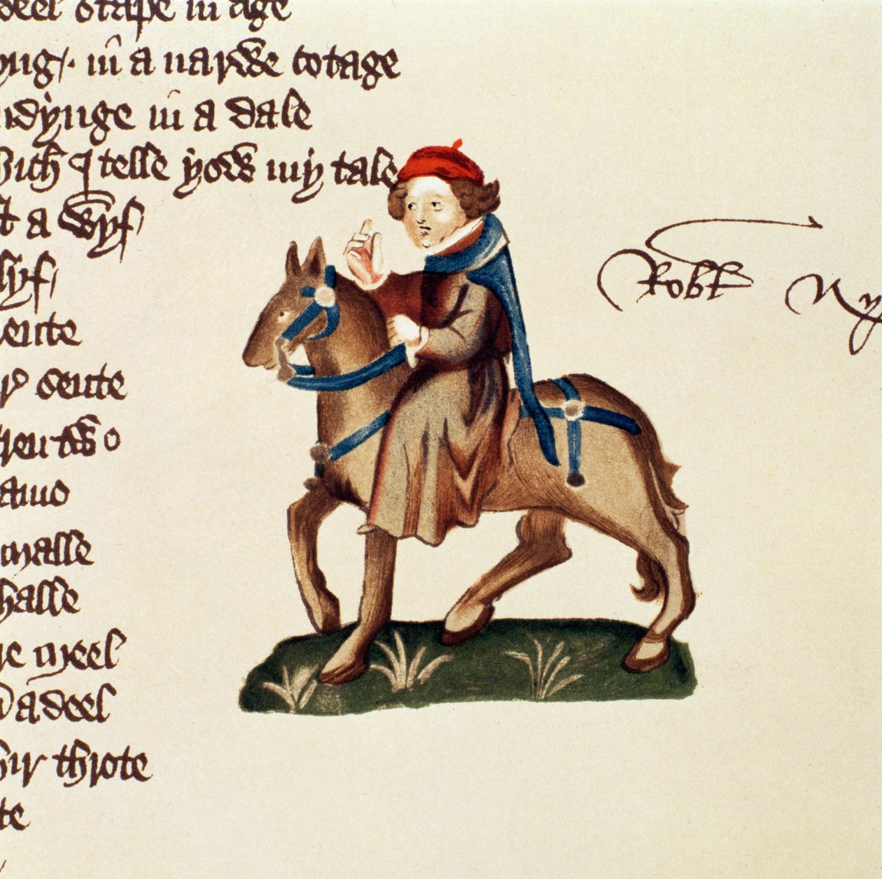 The Nuns Priest, detalj fra The Canterbury Tales, av Geoffrey Chaucer (ca. 1342-1400) Ellesmere Manuscript, faksimileutgave, 1911 (for originaldetaljer se 128929) av English School