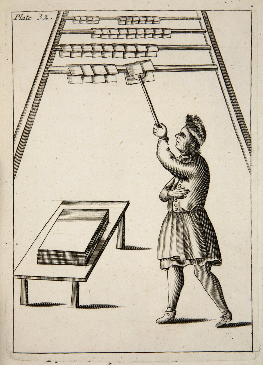 The Pressman Hanging Paper, Mechanick Exercises: or The Doctrine of Handy-Works anvendt på kunsten å trykke, pub. 1683 av English School