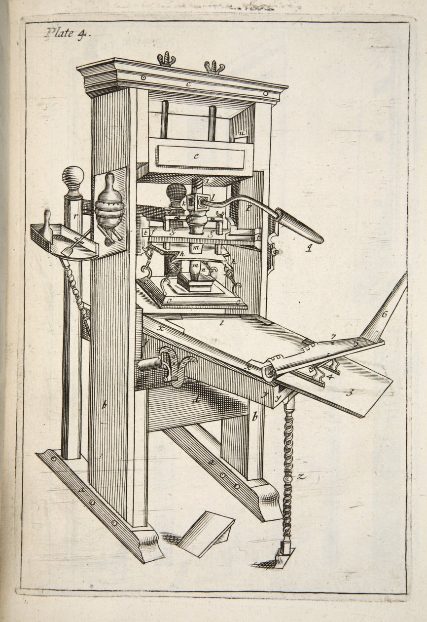 The Printing Press, fra Mechanick Exercises: eller The Doctrine of Handy-Works anvendt på Art of Printing, pub. 1683 av English School