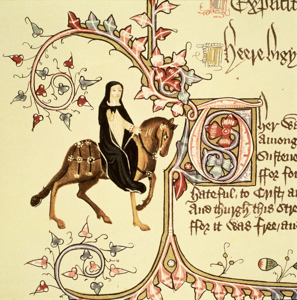 The Prioress, detalj fra The Canterbury Tales, av Geoffrey Chaucer (ca. 1342-1400) Ellesmere Manuscript, faksimileutgave, 1911 (for originale detaljer se 128945) av English School