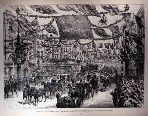 The Queens Visit to East London: The Royal Procession in the High Street, Aldgate, Passing the City Boundary, fra The Illustrated London News, 21. mai 1887 av English School