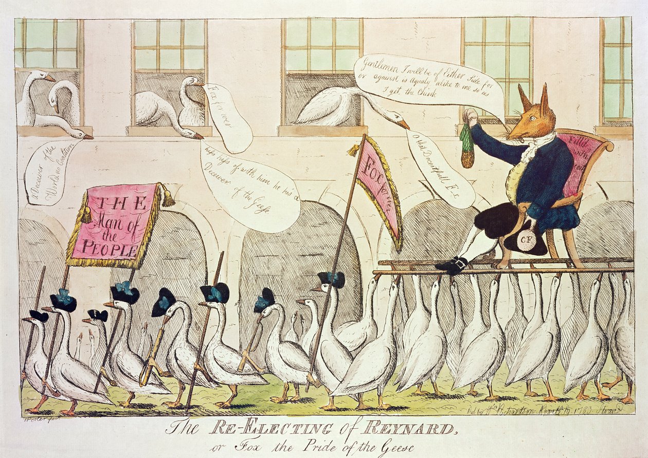Gjenvalget av Reynard, eller Fox the Pride of the Geese, 1783 (håndfarget gravering) av English School