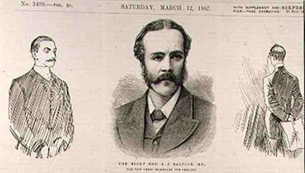 Høyre Hon. A. J. Balfour (1848-1930), M.P., den nye sjefsekretæren for Irland, fra The Illustrated London News, 12. mars 1887 av English School