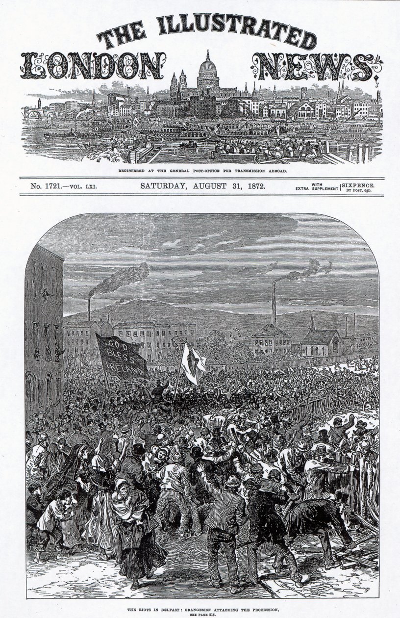 The Riots in Belfast: Orangemen angriper prosesjonen, cover av 'The Illustrated London News', 31. august 1872 av English School