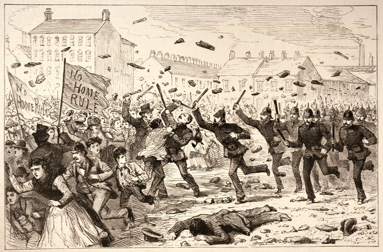 The Riots in Belfast: The Police Charging the Mob in the Brickfields, fra 