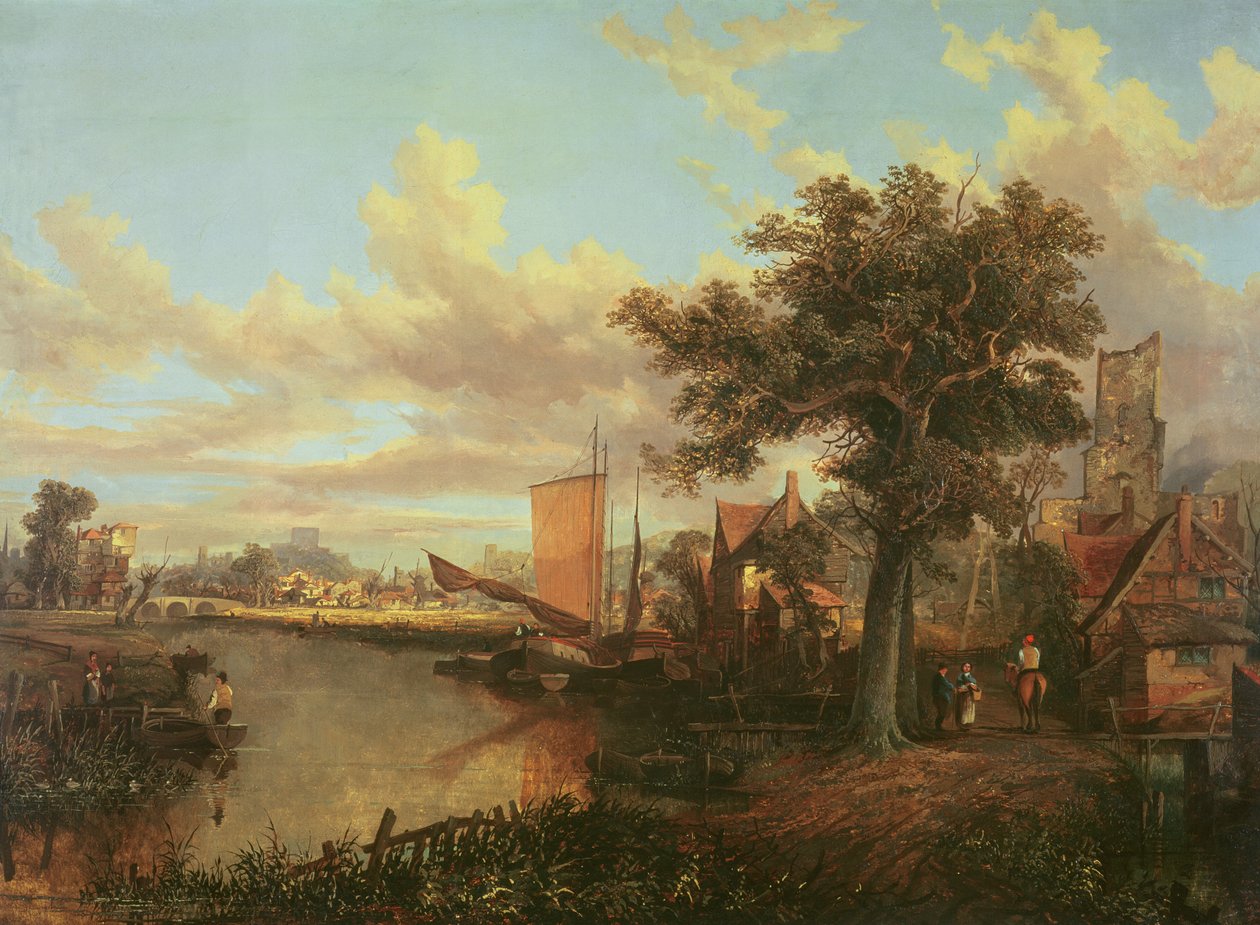 Elven Yare med en fjern utsikt over Norwich, ca. 1840 av English School