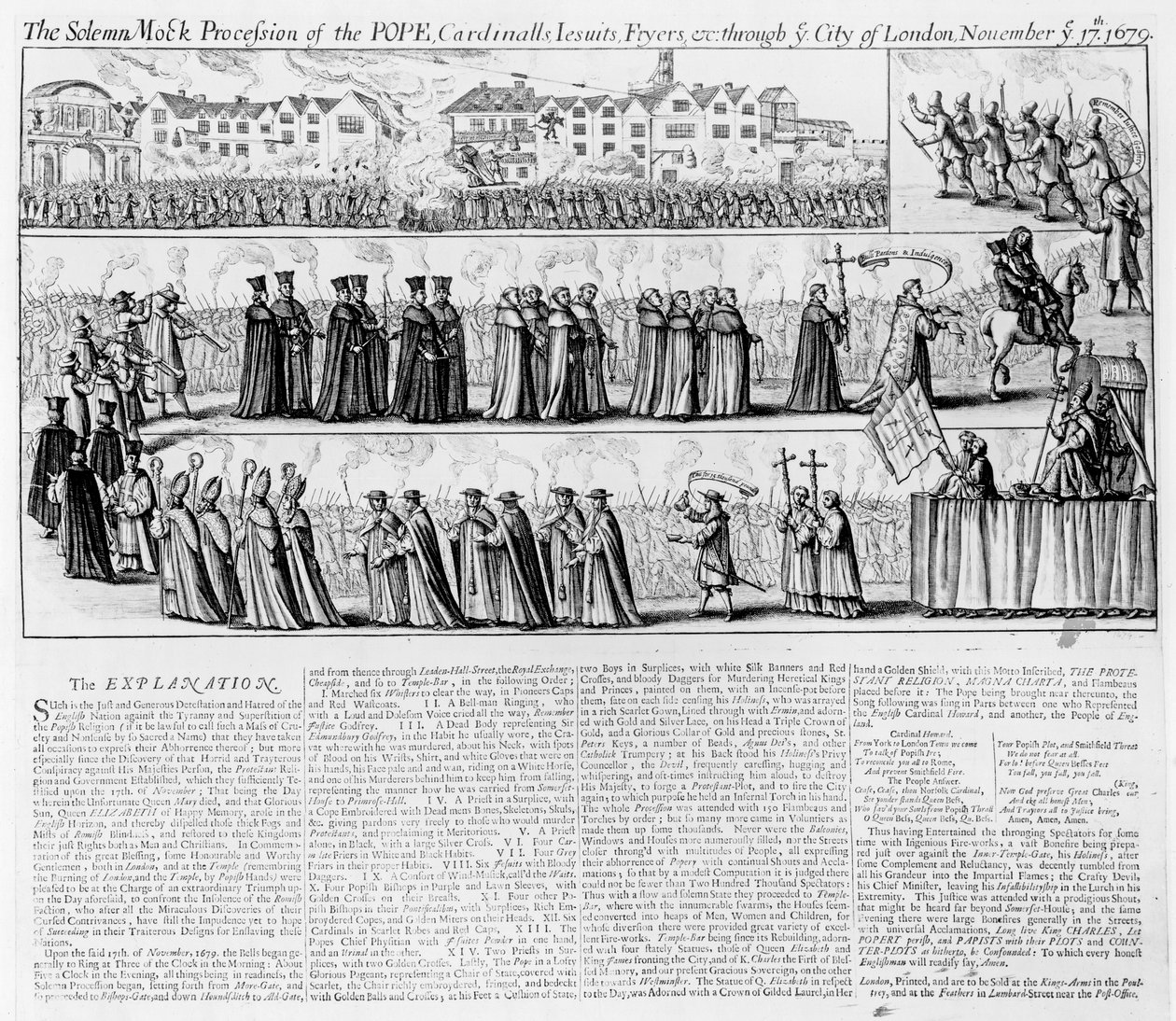 Den høytidelige falske prosesjon av paven, kardinaler, jesuitter og frityrkokere gjennom byen London på "dronning Elizabeths dag", 17. november 1679 av English School