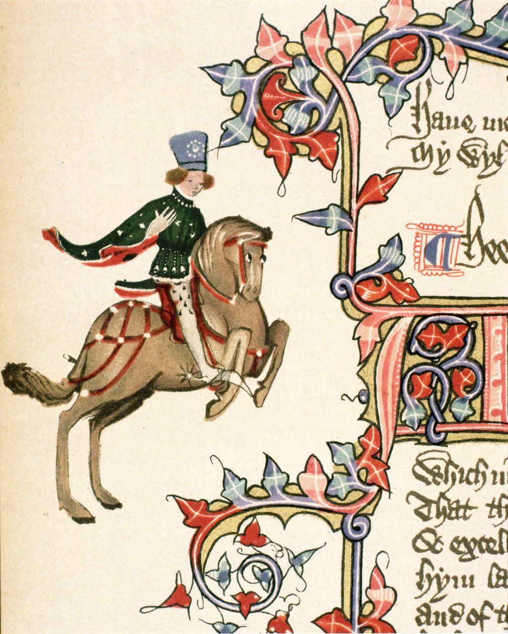 The Squire, detalj fra The Canterbury Tales, av Geoffrey Chaucer (ca. 1342-1400) Ellesmere Manuscript, faksimileutgave, 1911 (for originaldetaljer se 128934) av English School