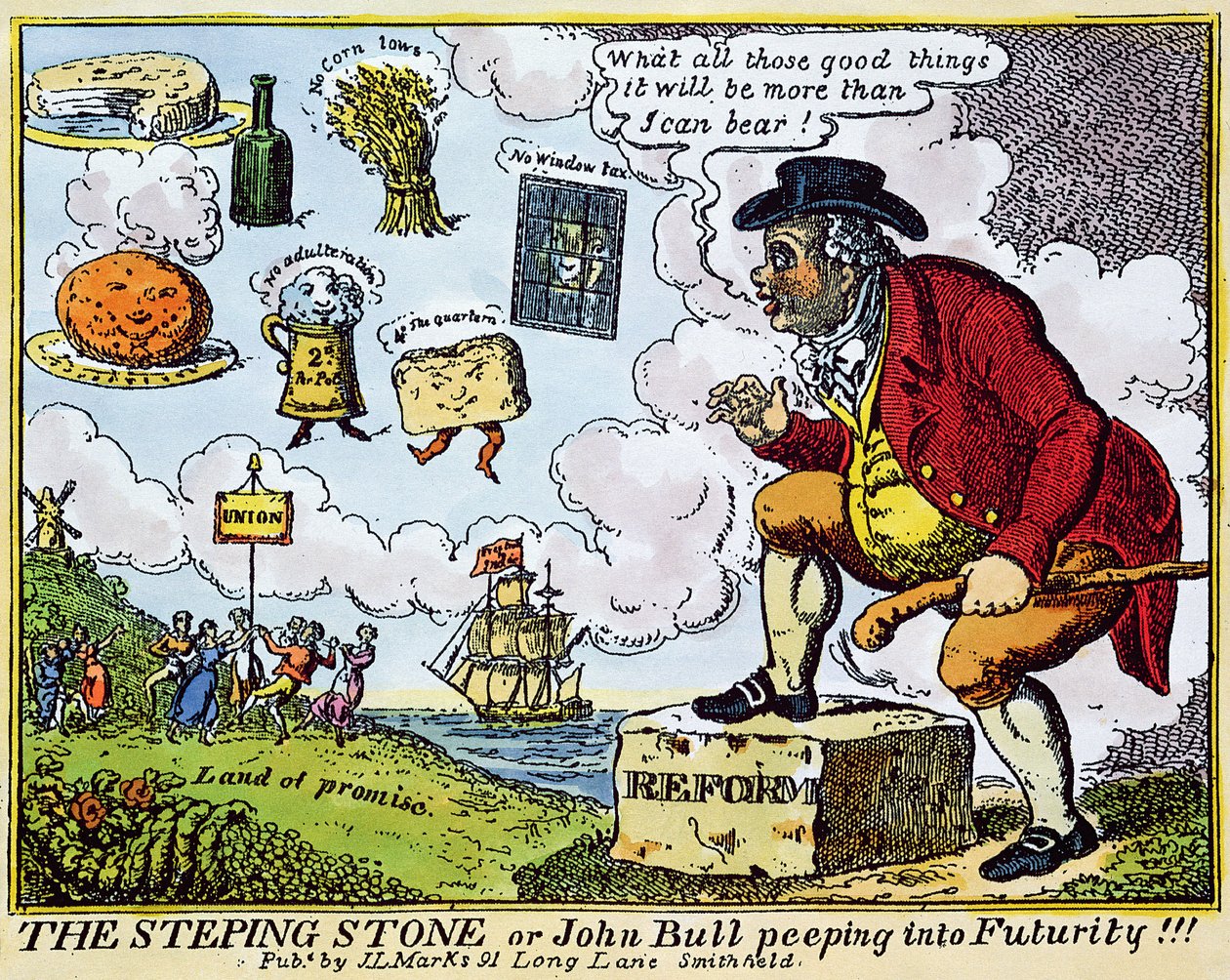Stepping Stone, eller John Bull som titter inn i Futurity!!! (fargeetsing) av English School