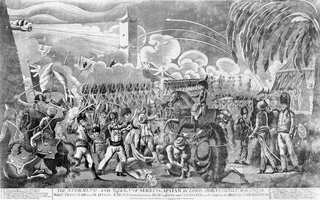 The Storming and Capture of Seringapatam av Lord Mornington, 4. mai 1799, pub. av G. Thompson, 1800 av English School