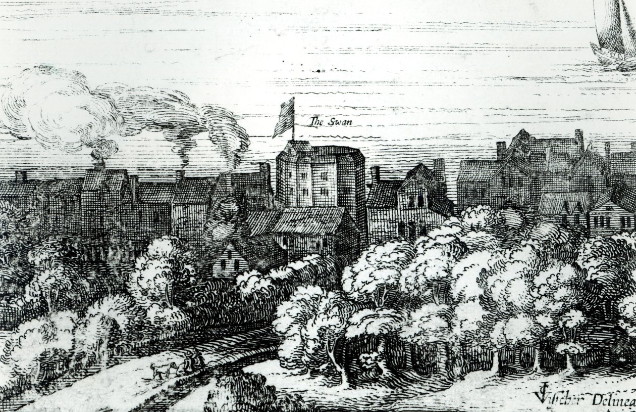 Swan Theatre on the Bankside slik det så ut i 1614 av English School
