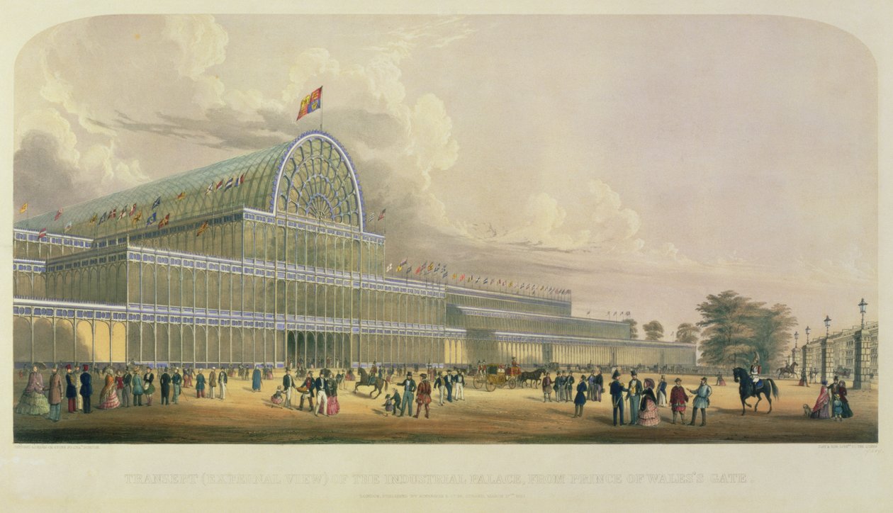 Transeptet til Crystal Palace, fra Prince of Wales Gate, skissert og tegnet av C. Burton, pub. av Ackermann og Co., 1881 av English School