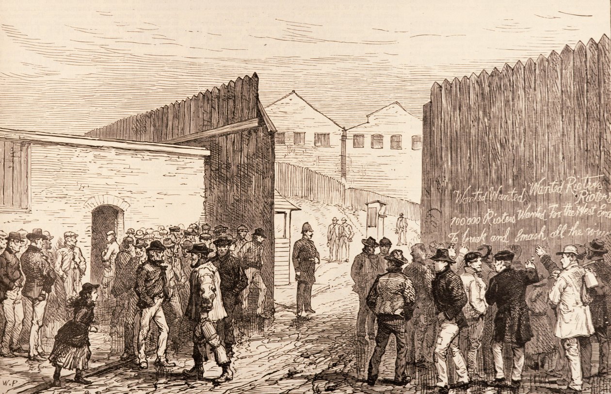 The Unployed of London: Inscription on the Gates, West India Docks, fra 'The Illustrated London News', 20. februar 1886 av English School