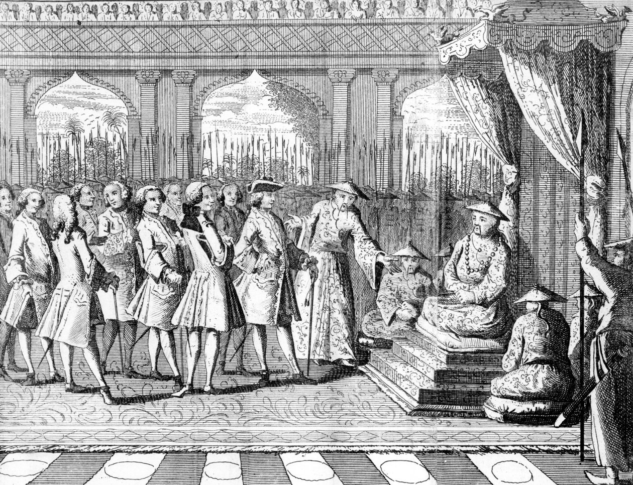 Visekongen av Kanton gir publikum til Commodore Anson fra "George Ansons reise rundt om i verden i årene 1740-1744" av English School