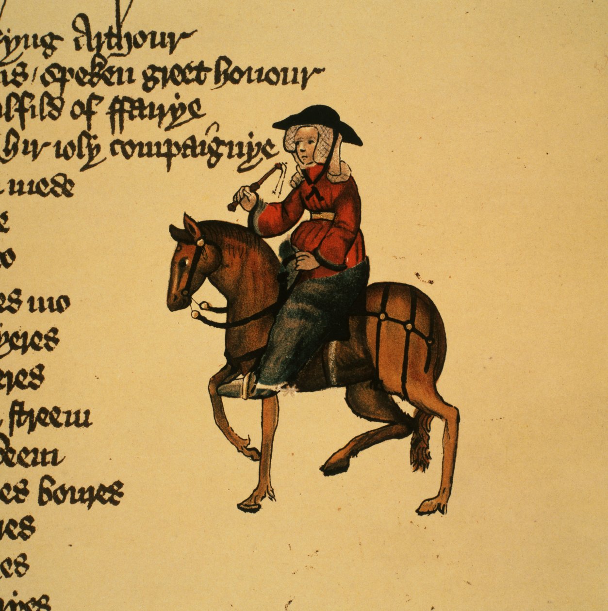 The Wife of Bath, detalj fra The Canterbury Tales av Geoffrey Chaucer (ca. 1342-1400) Ellesmere Manuscript, faksimileutgave, 1911 av English School