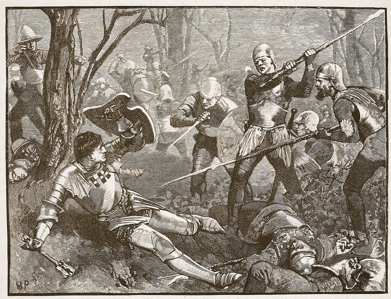 Kongeskaperens død i slaget ved Barnet, ca. 1880, illustrasjon fra Cassells Illustrated History of England (sepiafoto) av English School