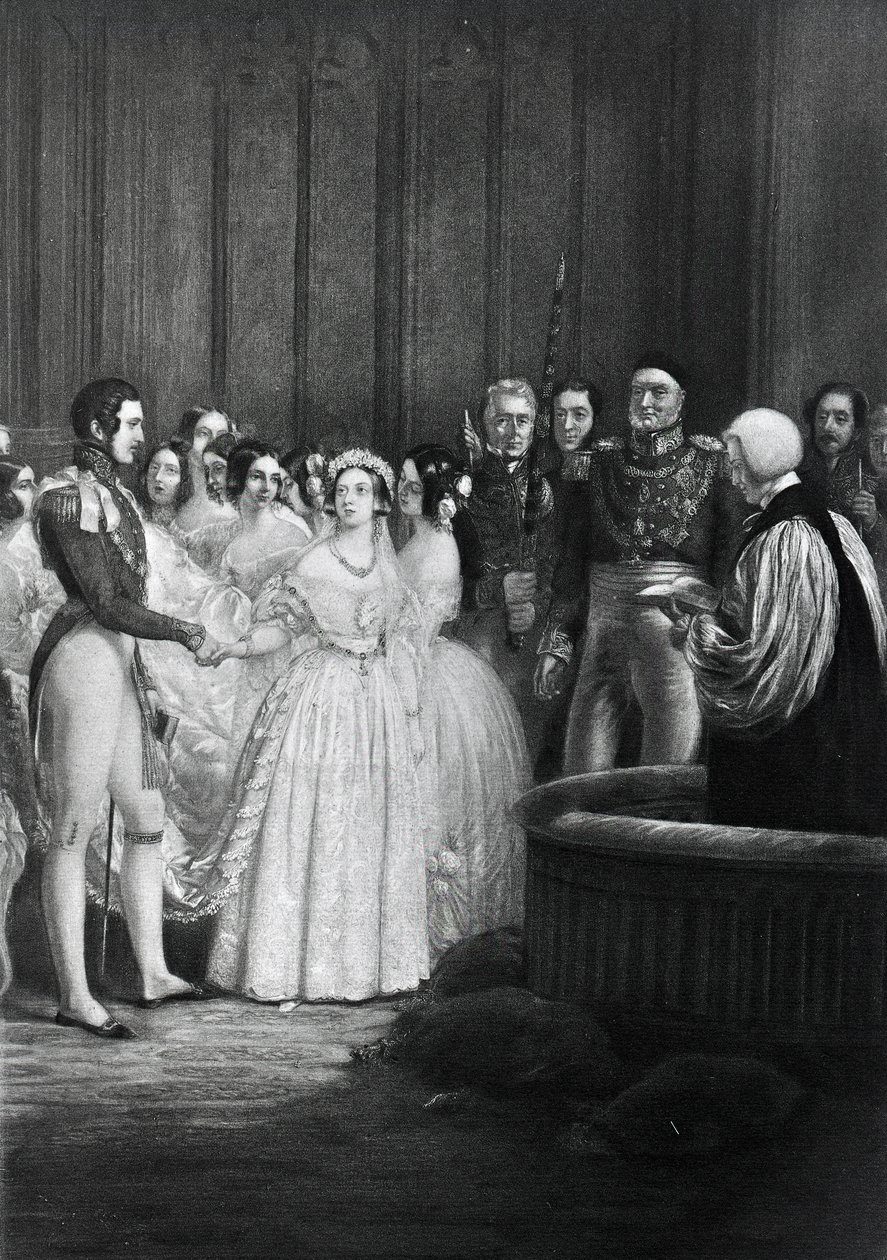Bryllupsseremonien til dronning Victoria og prins Albert 10. februar 1840 av English School
