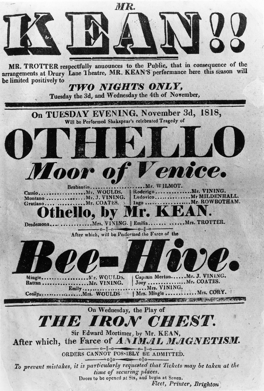 Theatre Bill-reklameforestillinger til Mr. Kean, 1818 (trykt papir) av English School