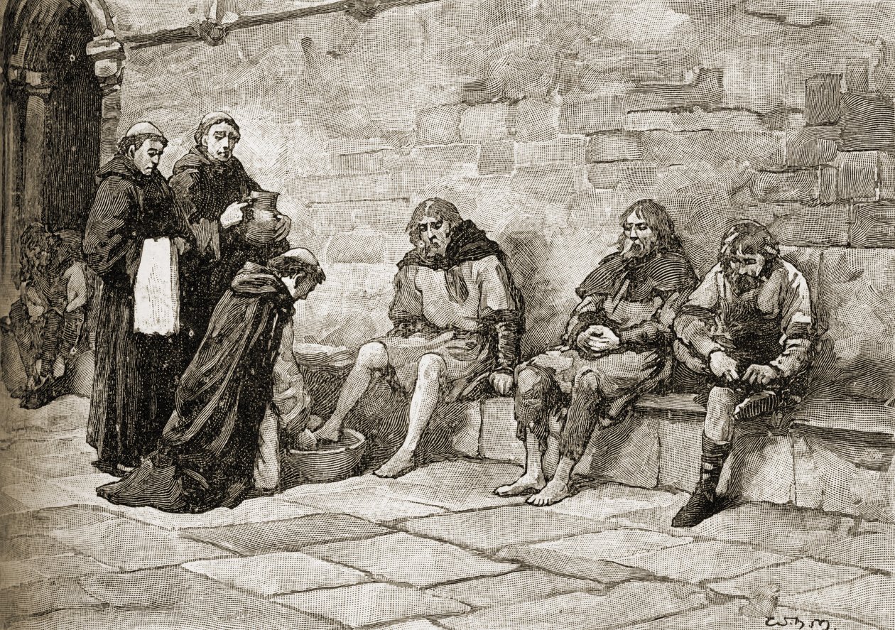 Thomas Becket (ca. 1118-70) vasker føttene til tiggere av English School