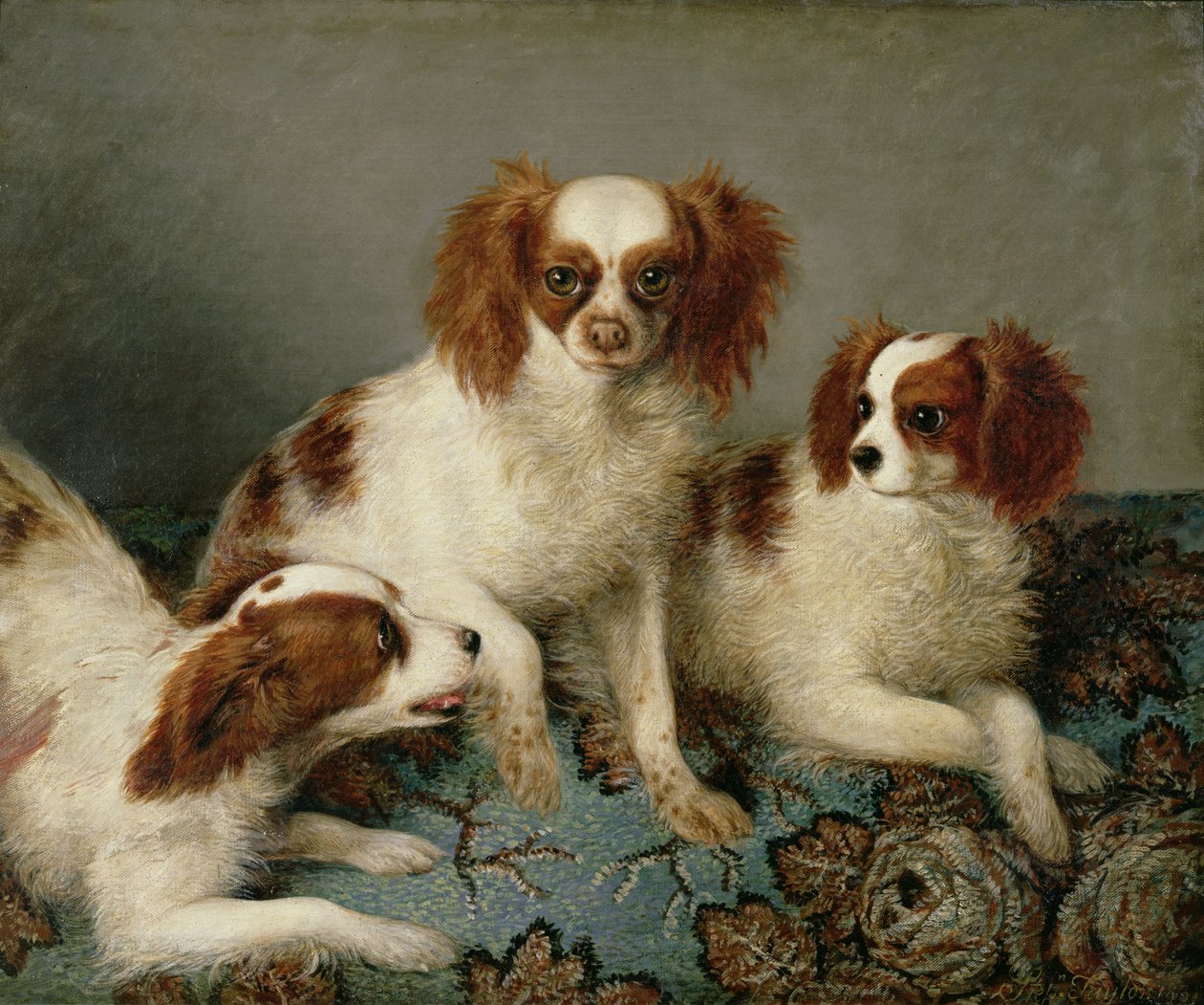 Tre Cavalier King Charles Spaniels på et teppe av English School